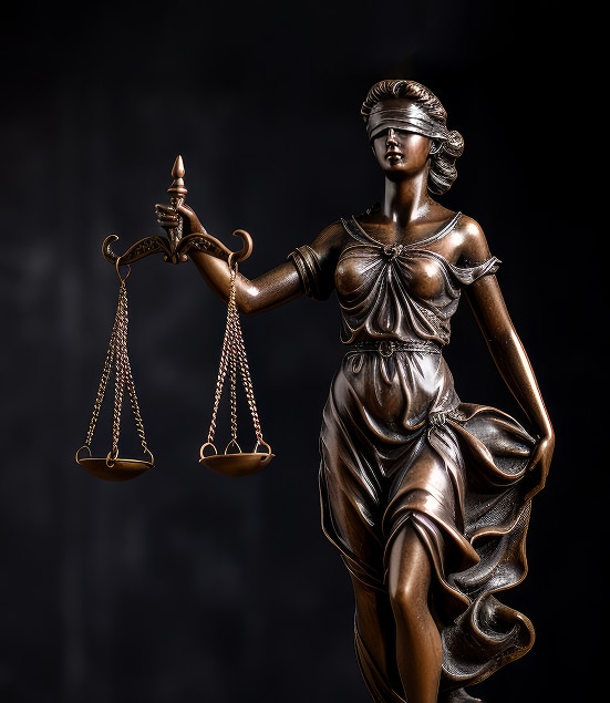 Statue Lady Justice en Bronze : Symbole du Droit et de l'Équité Statue de la justice aux yeux bandés tenant une balance en bronze sur fond sombre. Symbole de droit et d'équité.